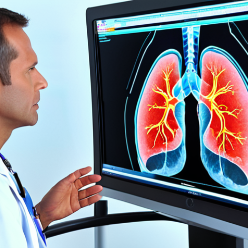 Home 7 **Radiology and Diagnostic Imaging:** A radiologist examining a large digital medical scan (e.g., lung X-ray or MRI) on a high-tech monitor. The scan is overlaid with vibrant, AI-generated visualizations: suspicious areas highlighted by dynamic colored circles or heatmaps, indicating cancerous growths with confidence scores. The doctor is focused, interacting with the intuitive display. Futuristic, clean medical environment. High detail.