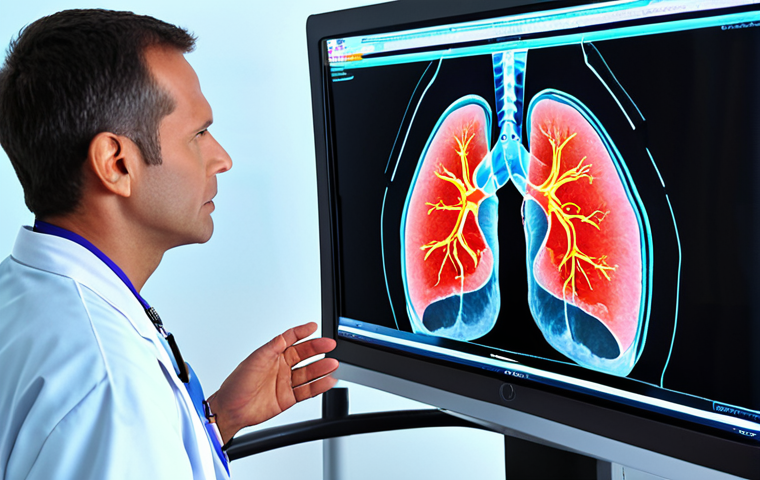 **Radiology and Diagnostic Imaging:** A radiologist examining a large digital medical scan (e.g., lung X-ray or MRI) on a high-tech monitor. The scan is overlaid with vibrant, AI-generated visualizations: suspicious areas highlighted by dynamic colored circles or heatmaps, indicating cancerous growths with confidence scores. The doctor is focused, interacting with the intuitive display. Futuristic, clean medical environment. High detail.