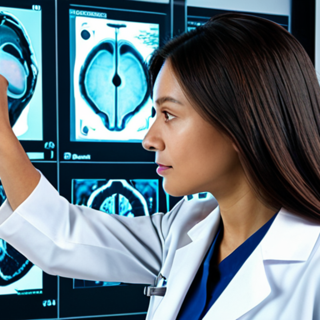 A professional female radiologist in a modest lab coat over a business suit, meticulously examining high-resolution medical scans on a large, translucent holographic display in a futuristic, brightly lit diagnostic center. The display shows intricate, non-identifiable internal body structures with subtle AI-highlighted areas indicating early detection points. The atmosphere is focused and precise. Fully clothed, appropriate attire, safe for work, professional, perfect anatomy, correct proportions, natural pose, well-formed hands, proper finger count, natural body proportions, professional photography, high quality.