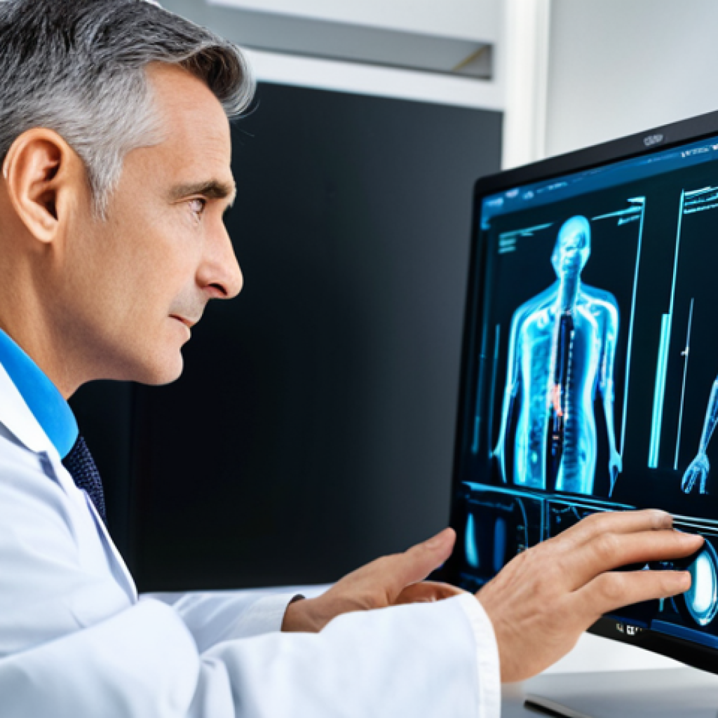AI 진단 시스템의 의료 기관에서의 적용 사례 - AI-Assisted Diagnosis**
"A modern hospital room with a doctor in a lab coat reviewing a medical sca...