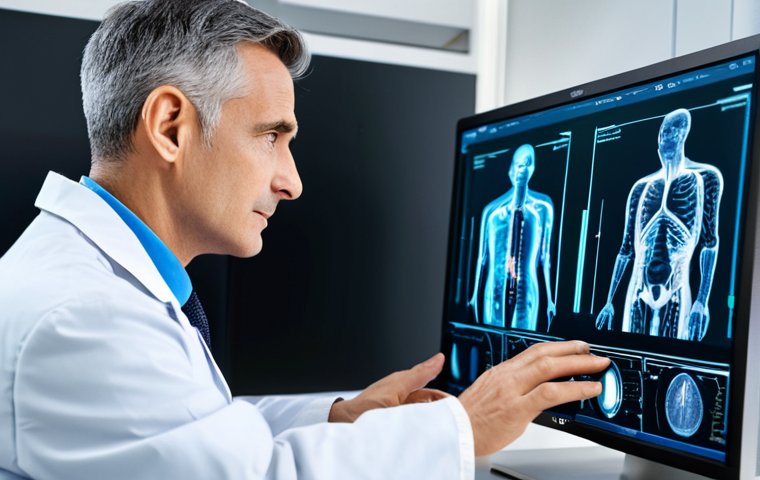 AI 진단 시스템의 의료 기관에서의 적용 사례 - AI-Assisted Diagnosis**
"A modern hospital room with a doctor in a lab coat reviewing a medical sca...
