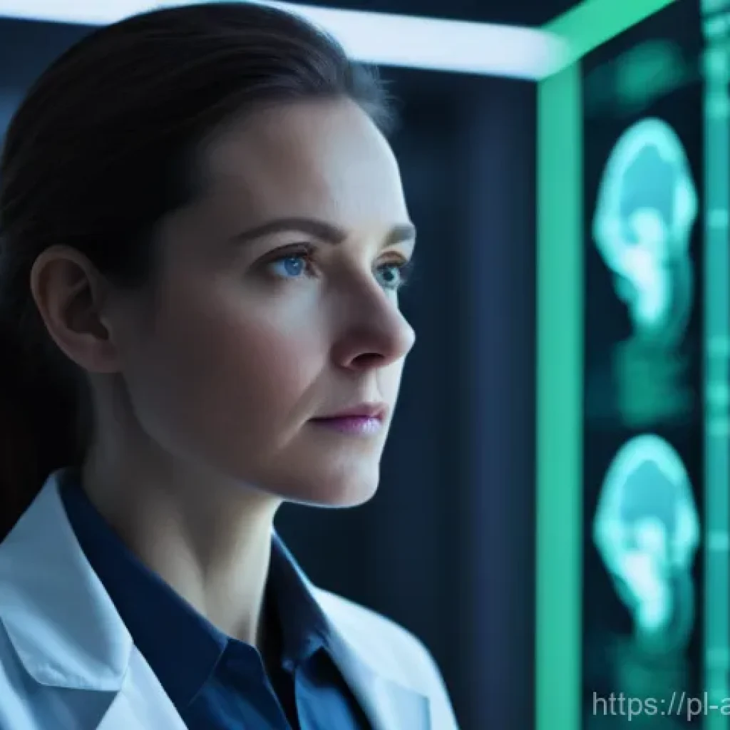 AI 진단 시스템의 차세대 알고리즘 개발 - A highly detailed, cinematic shot capturing a brilliant, mid-career female doctor in a pristine whit...
