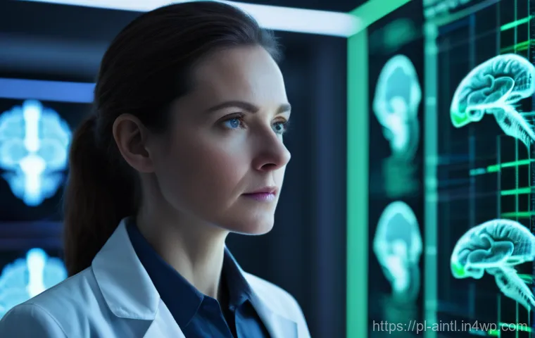 AI 진단 시스템의 차세대 알고리즘 개발 - A highly detailed, cinematic shot capturing a brilliant, mid-career female doctor in a pristine whit...