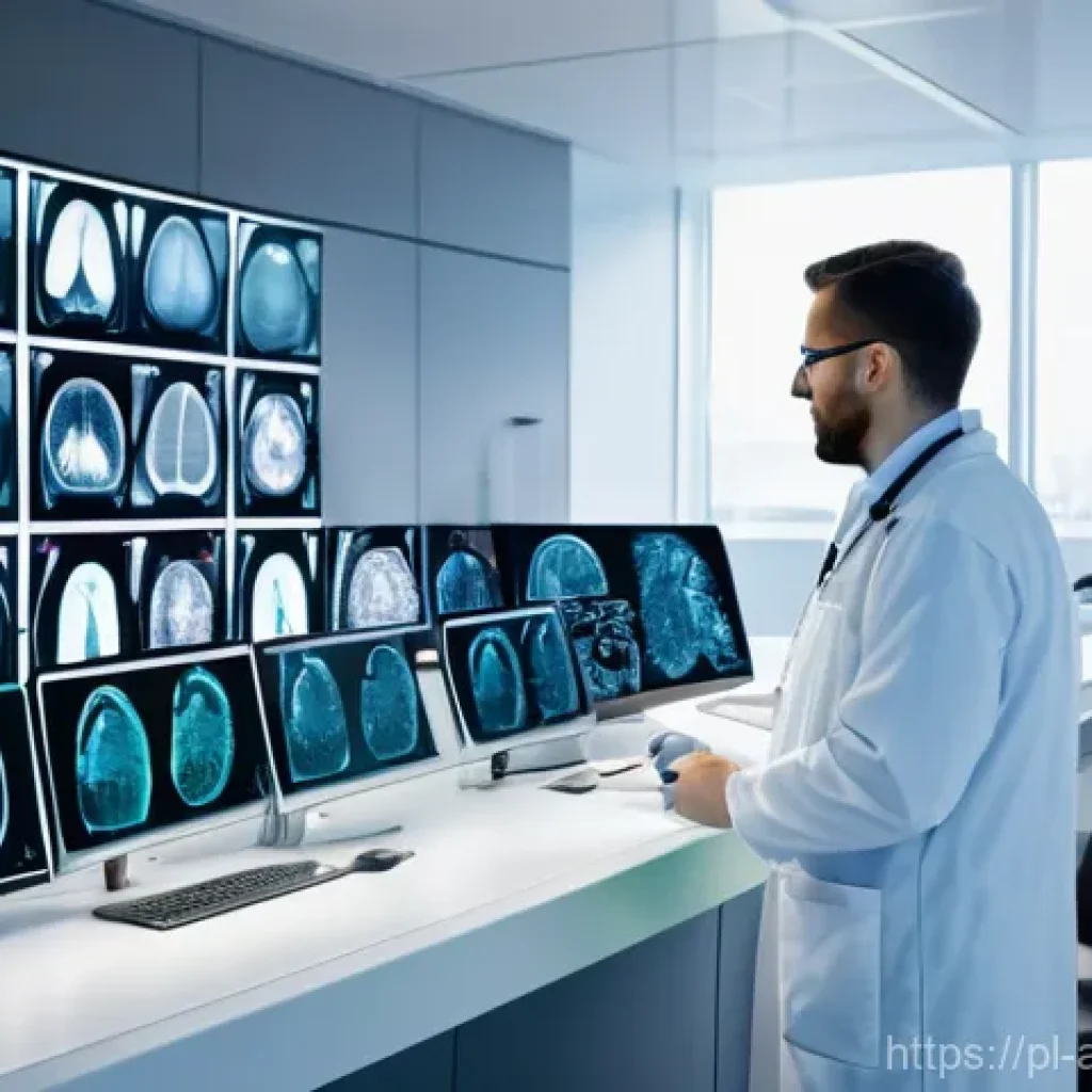 AI 진단 시스템의 기계 학습 알고리즘 - **Prompt:** A group of diverse Polish medical professionals, including doctors and radiologists, in ...