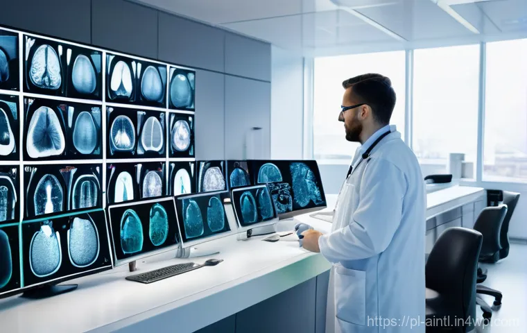 AI 진단 시스템의 기계 학습 알고리즘 - **Prompt:** A group of diverse Polish medical professionals, including doctors and radiologists, in ...