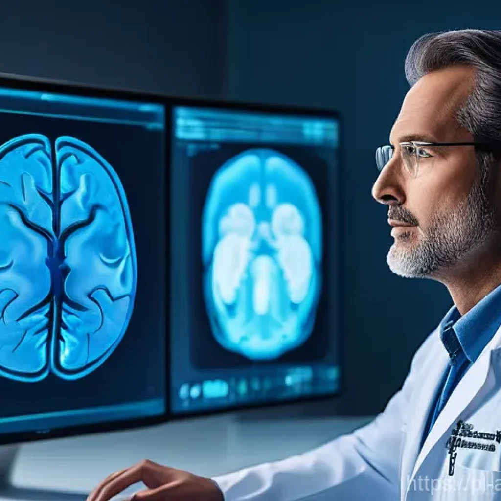 AI 진단 시스템의 의료진 교육 필요성 - **Prompt:** A highly detailed, hyper-realistic image of a male radiologist in his late 40s, wearing ...
