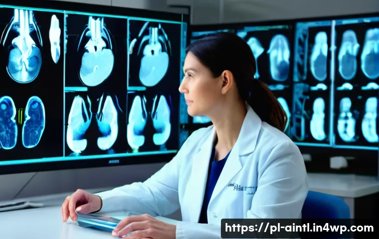 AI 진단 시스템의 기술적 진화 단계 - **Prompt:** A serene, brightly lit modern hospital radiology department. A female radiologist, appea...
