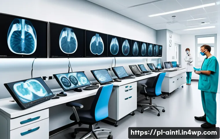 AI 진단 시스템의 혁신적 사례 탐구 - A modern radiology laboratory scene in a Polish hospital, showcasing a diverse group of medical prof...