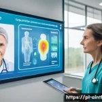 Home 20 AI 진단 시스템의 의료 Ethics Committee와의 관계 - A modern medical consultation room in a Polish hospital, featuring a female doctor in professional a...