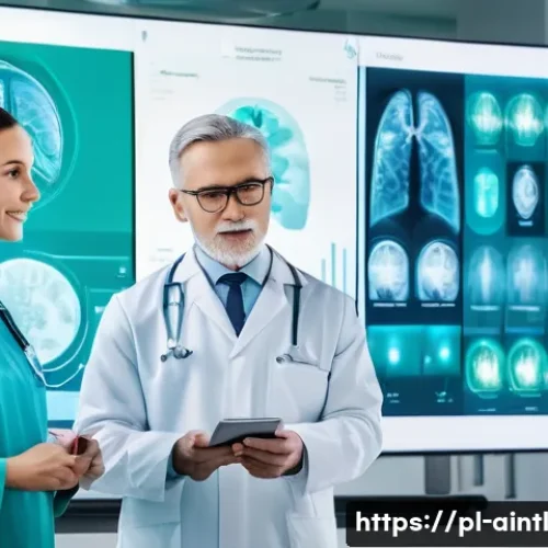 Home 31 AI 진단 시스템의 지속 가능성 평가 - A modern Polish hospital scene showcasing advanced AI integration in medical diagnostics: a diverse ...