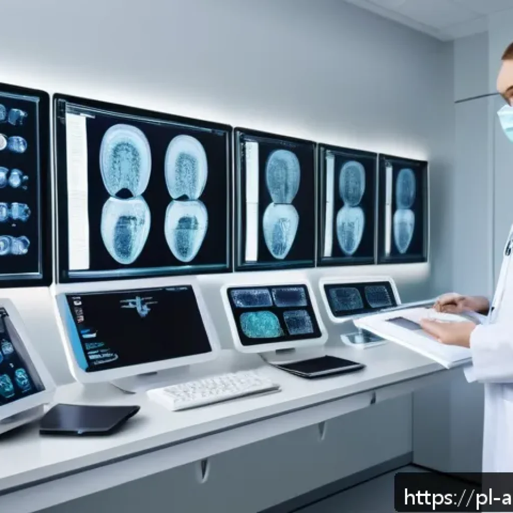 AI 진단 시스템과 정밀 의료의 관계 - A modern hospital diagnostic room with advanced AI technology, featuring a diverse medical team of P...