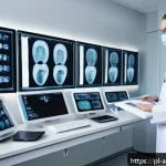 Home 18 AI 진단 시스템과 정밀 의료의 관계 - A modern hospital diagnostic room with advanced AI technology, featuring a diverse medical team of P...