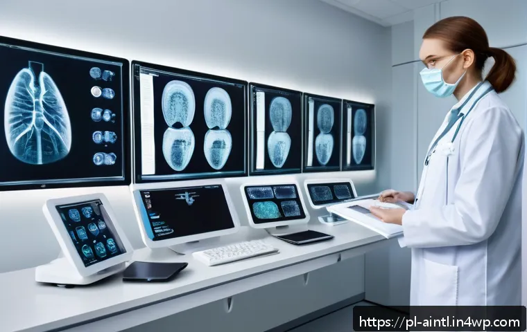 AI 진단 시스템과 정밀 의료의 관계 - A modern hospital diagnostic room with advanced AI technology, featuring a diverse medical team of P...