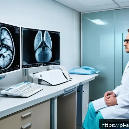 Home 17 AI 진단 시스템의 의료 데이터 분석 방법 - A modern radiology diagnostic room in a Polish hospital, featuring a sleek CT scanner and MRI machin...