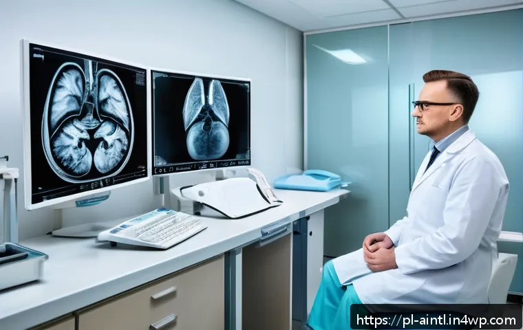 AI 진단 시스템의 의료 데이터 분석 방법 - A modern radiology diagnostic room in a Polish hospital, featuring a sleek CT scanner and MRI machin...